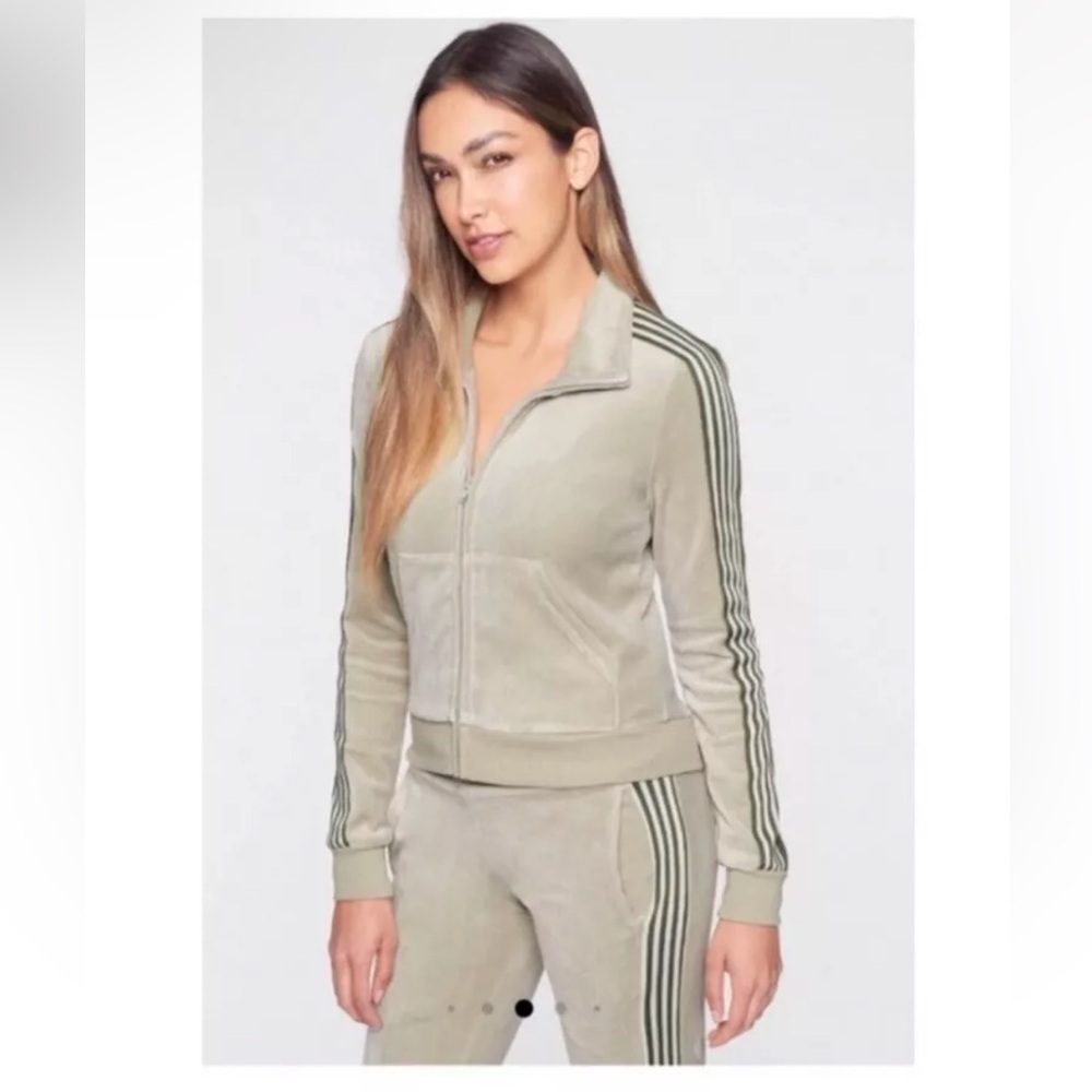 Pam & Gela Beige Velour Y2K Tracksuit Set Zip Track Jacket Stripe Pants Size XS